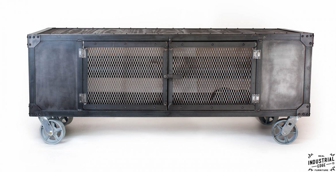 Industrial Rolling Media Cabinet / Wood & Steel